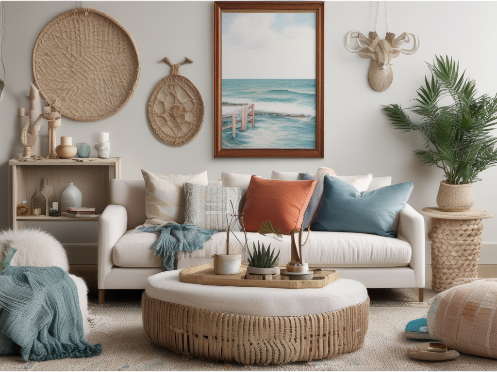Coastal decor living room with rattan furniture, blue and white accents, and beach-themed wall art